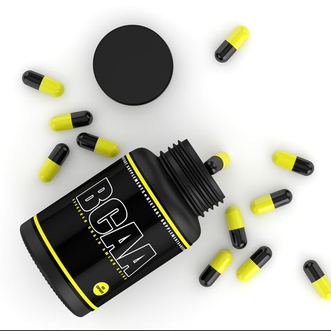 3d render of BCAA bottle with pills over white