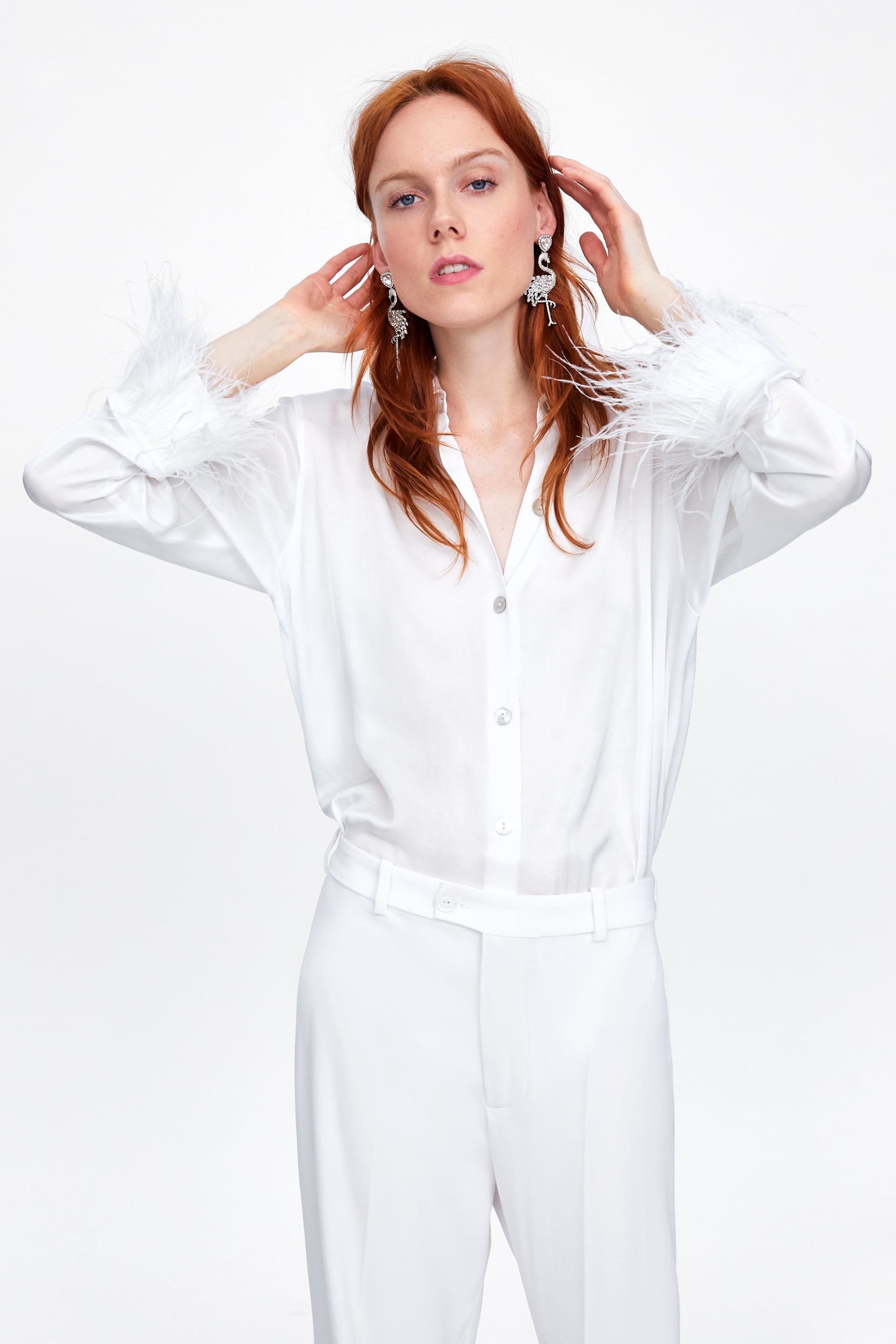 camisa blanca plumas zara