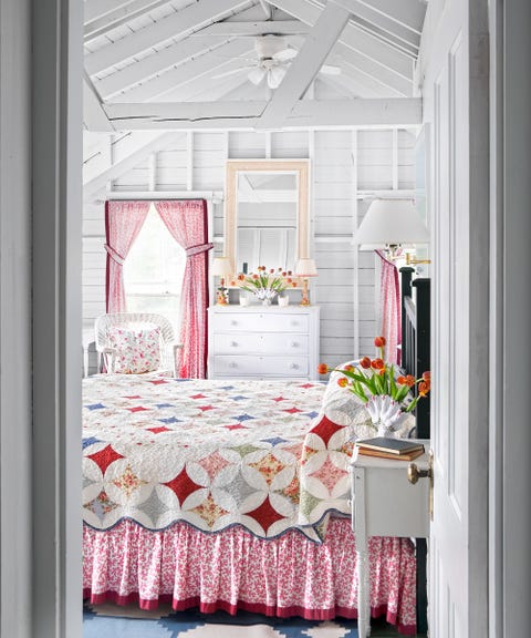 bedroom with red and white blue