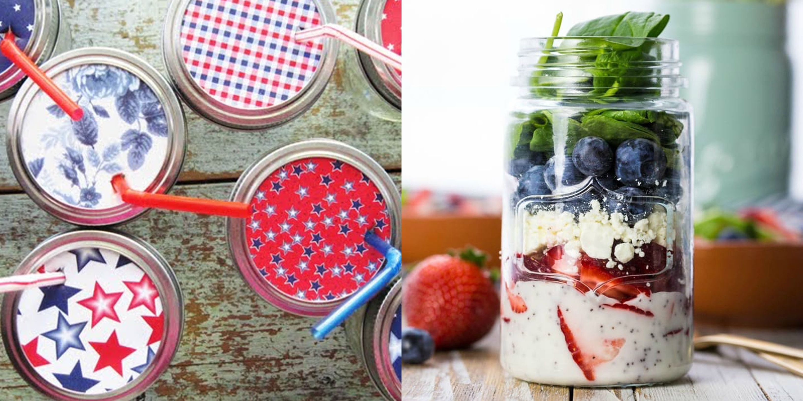 Red White Mason Jars; Flags; Flowers and Box and Blue Centerpiece