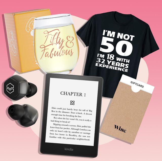 50th birthday gifts including wine glasses shirts  gift cards ear buds and kindle paperwhites