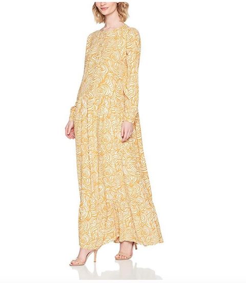 Clothing, Dress, Gown, Yellow, Day dress, Beige, Neck, Formal wear, Sleeve, A-line, 