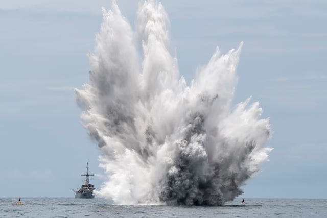 US, Royal Thai Navies Conduct Controlled Mine Explosion During CARAT Thailand 2019 190607 n sb587 1209 gulf of thailand june 7, 2019 the avenger class mine countermeasures ship uss pioneer mcm 9 observes a controlled mine detonation while conducting a joint mine countermeasures exercise with the royal thai navy during cooperation afloat readiness and training carat thailand 2019 this year marks the 25th iteration of carat, a multinational exercise series designed to enhance us and partner navies' abilities to operate together in response to traditional and non traditional maritime security challenges in the indo pacific region us navy photo by mass communications specialist 2nd class corbin shea