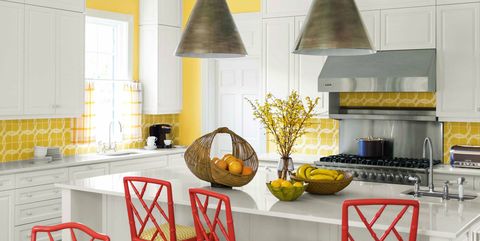 Furniture, Room, Countertop, Yellow, Kitchen, Interior design, Orange, Property, Table, Floor, 