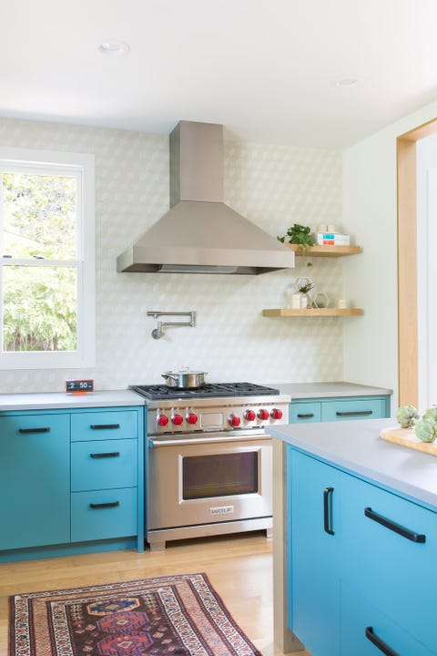 Countertop, Room, Kitchen, Furniture, Blue, Property, Cabinetry, Turquoise, Interior design, House, 