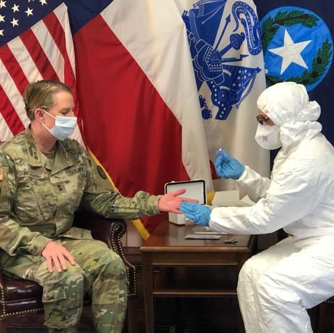 major general tracy r norris, the adjutant general of texas, receives a rapid covid 19 screening test as a preventative measure in order to maintain force readiness the texas military department has begun distributing rapid covid 19 tests to its service members across the state as a force health protection measure this will ensure that the soldiers and airmen serving their communities during the covid 19 pandemic remain healthy and safe
