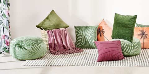 Cushion, Throw pillow, Furniture, Pillow, Green, Bedding, Pink, Leaf, Purple, Textile, 