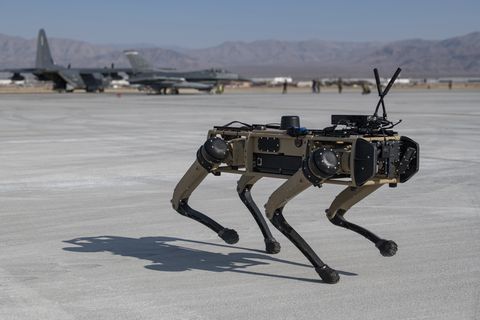 a ghost robotics vision 60 prototype provides additional security at a simulated austere base during the advanced battle management system exercise on nellis air force base, nevada, sept 1, 2020 the abms is an interconnected battle network   the digital architecture or foundation   which collects, processes and shares data relevant to warfighters in order to make better decisions faster in the kill chain in order to achieve all domain superiority, it requires that individual military activities not simply be de conflicted, but rather integrated – activities in one domain must enhance the effectiveness of those in another domain us air force photo by tech sgt cory d payne