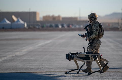 tech sgt john rodiguez, 321st contingency response squadron security team, patrols with a ghost robotics vision 60 prototype at a simulated austere base during the advanced battle management system exercise on nellis air force base, nev, sept 3, 2020 the abms is an interconnected battle network   the digital architecture or foundation   which collects, processes and shares data relevant to warfighters in order to make better decisions faster in the kill chain in order to achieve all domain superiority, it requires that individual military activities not simply be de conflicted, but rather integrated – activities in one domain must enhance the effectiveness of those in another domain us air force photo by tech sgt cory d payne