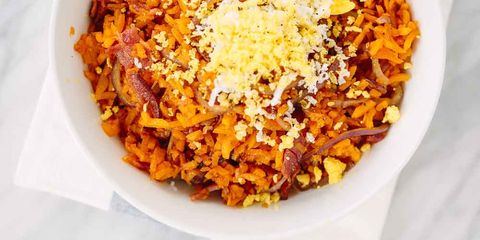 Butternut Squash Rice with Bacon, Caramelized Onions, and Grated Egg  