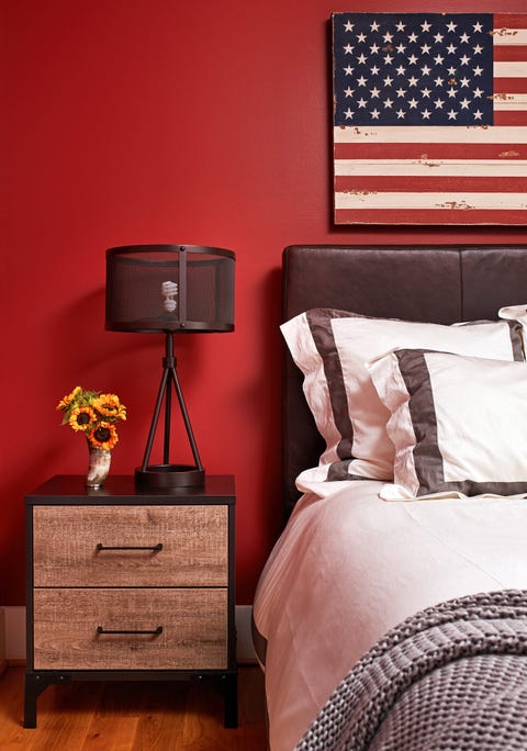 Bedroom, Furniture, Nightstand, Room, Red, Chest of drawers, Bed, Bed frame, Bed sheet, Interior design, 