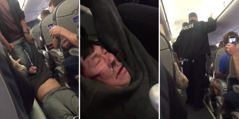 man dragged off plane