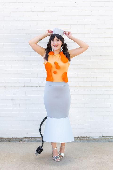 woman wearing orange lava lamp diy costume