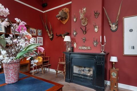 Room, Property, Red, Interior design, Pink, Living room, Fireplace, House, Furniture, Wall, 