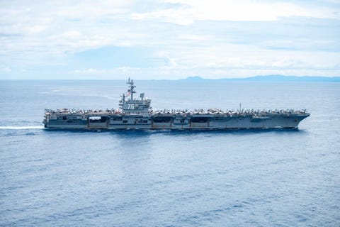 USS Ronald Reagan (CVN 76) carrier strike group conducts San Bernardino Strait transit 220730 n br419 1213 san bernardino strait july 30, 2022 the us navy’s only forward deployed aircraft carrier uss ronald reagan cvn 76 conducts an archipelagic sea lane passage through the san bernardino strait, july 30 ronald reagan, the flagship of carrier strike group 5, provides a combat ready force that protects and defends the united states, and supports alliances, partnerships and collective maritime interests in the indo pacific region us navy photo by mass communication specialist 3rd class oswald felix