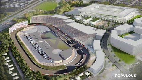 Sport venue, Stadium, Race track, Arena, Bird's-eye view, Urban design, Mixed-use, Transport hub, Soccer-specific stadium, Metropolitan area, 