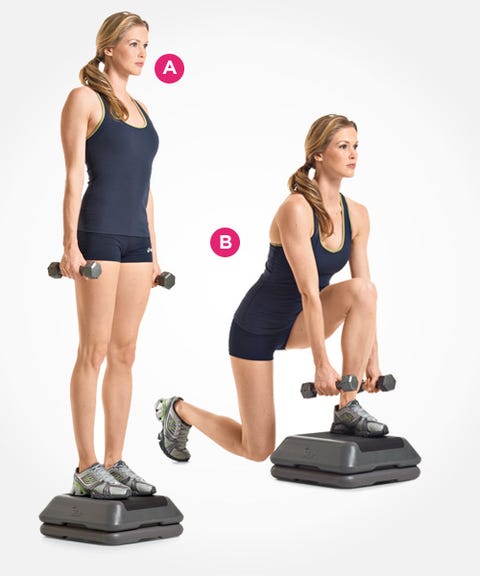 Reverse Dumbbell Box Lunge with Forward Reach