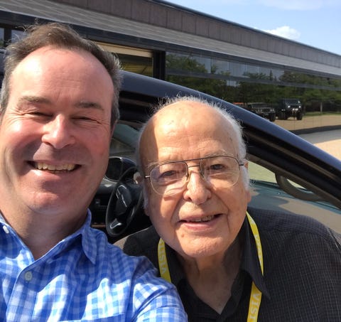 mark allen, head of jeep design, with his teacher, bill robinson, in 2017