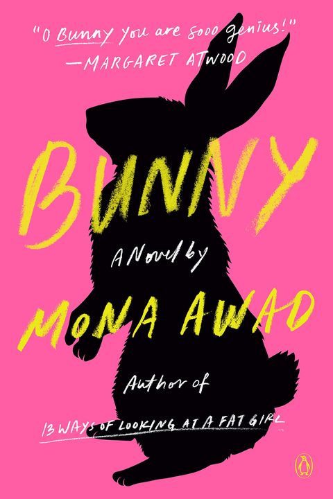 bunny by mona awad cover, featuring a neon pink background, yellow lettering, and a black silhouette of a bunny rabbit