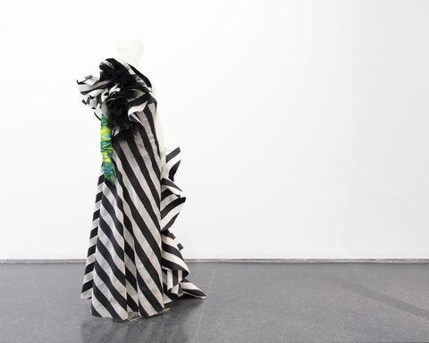 a black and white striped gown with ruffles