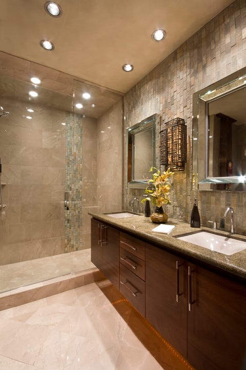 Bathroom, Room, Tile, Property, Countertop, Interior design, Floor, Wall, Lighting, Marble, 