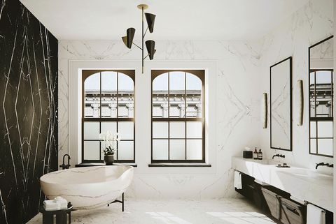 Room, Bathroom, Black, Black-and-white, Interior design, Tile, Property, Floor, Furniture, Monochrome photography, 