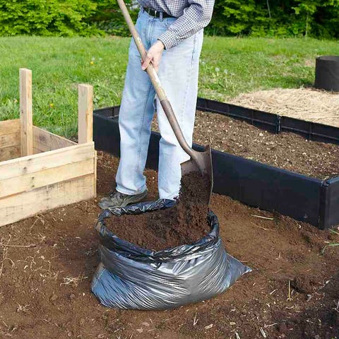 man planting potatoes in a garbage bag