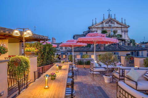 rooftop bar with red umbrellas