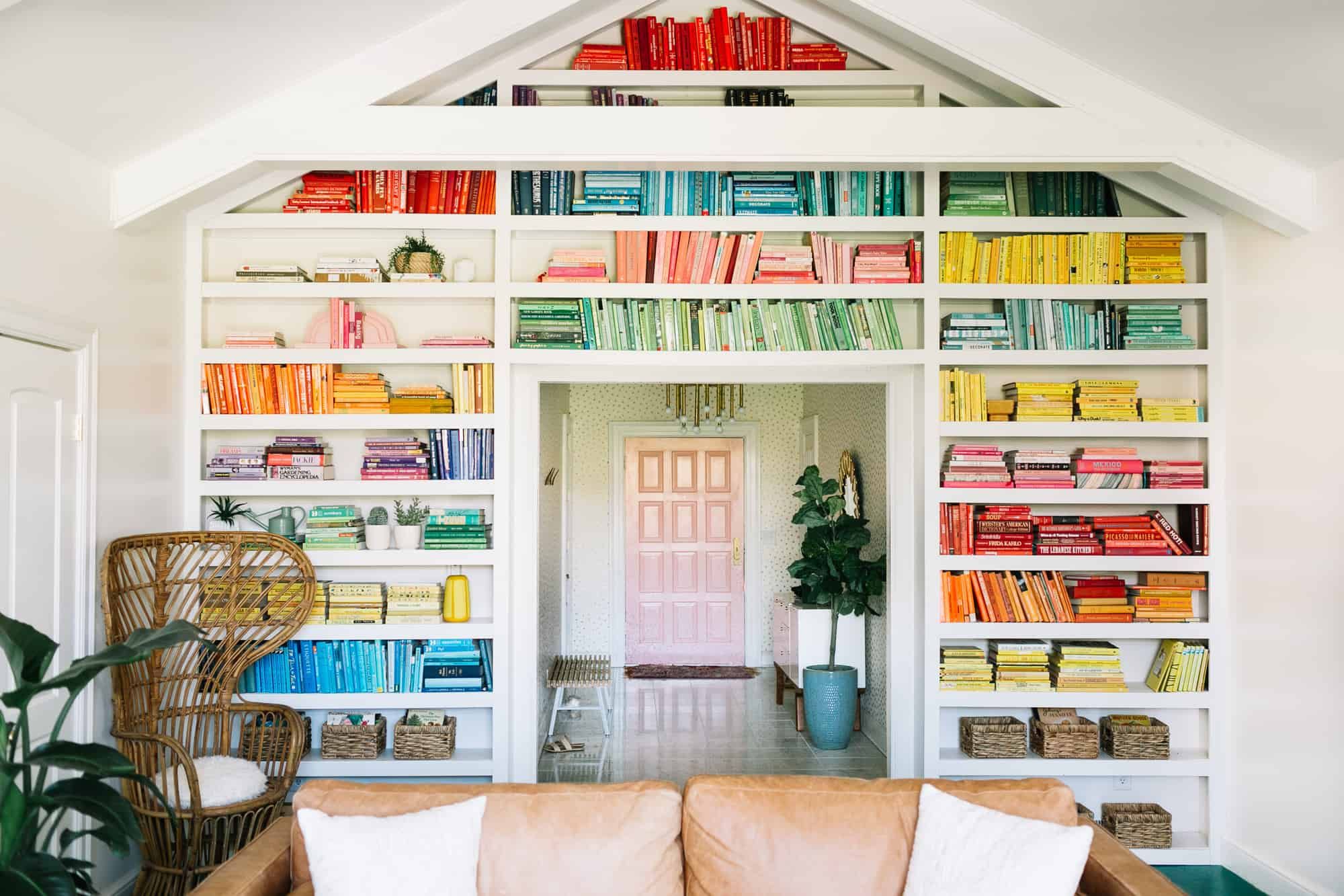 DIY Rainbow Bookshelf Tips - Elsie Larson Colorful Book Wall