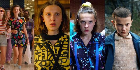 four images of eleven from stranger things, each wearing a different outfit from either season 3 or season 1