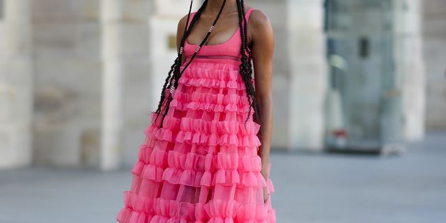 paris, france   july 04 cindy bruna wears silver hair rings, a pink square neck  tank top  long pleated ruffled long dress, green pearls pointed pumps heels shoes, outside the giambattista valli show, during paris fashion week   haute couture fall winter 2022 2023, on july 04, 2022 in paris, france photo by edward berthelotgetty images
