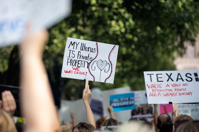 austin, tx   october 02 demonstrators rally against anti abortion and voter suppression laws at the texas state capitol on october 2, 2021 in austin, texas the women's march and other groups organized marches across the country to protest the new abortion law in texas photo by montinique monroegetty images