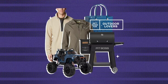 gift guide for outdoor lovers with academy and sports fleece, pullover, bag, truck, and pit boss