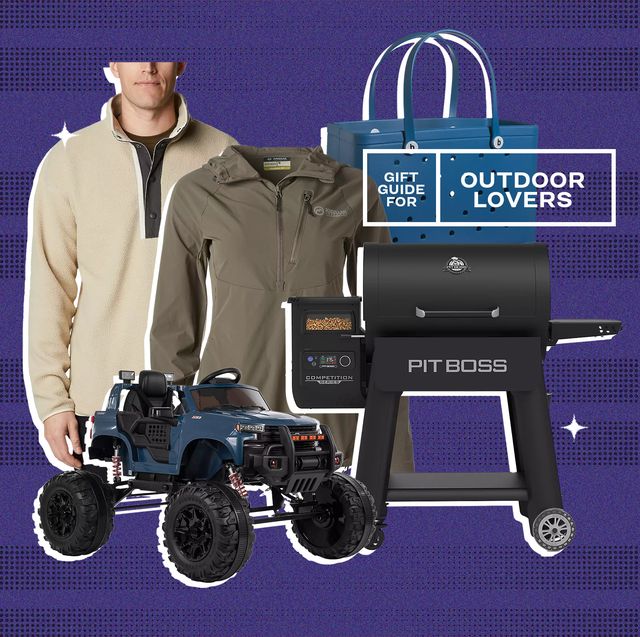 gift guide for outdoor lovers with academy and sports fleece, pullover, bag, truck, and pit boss
