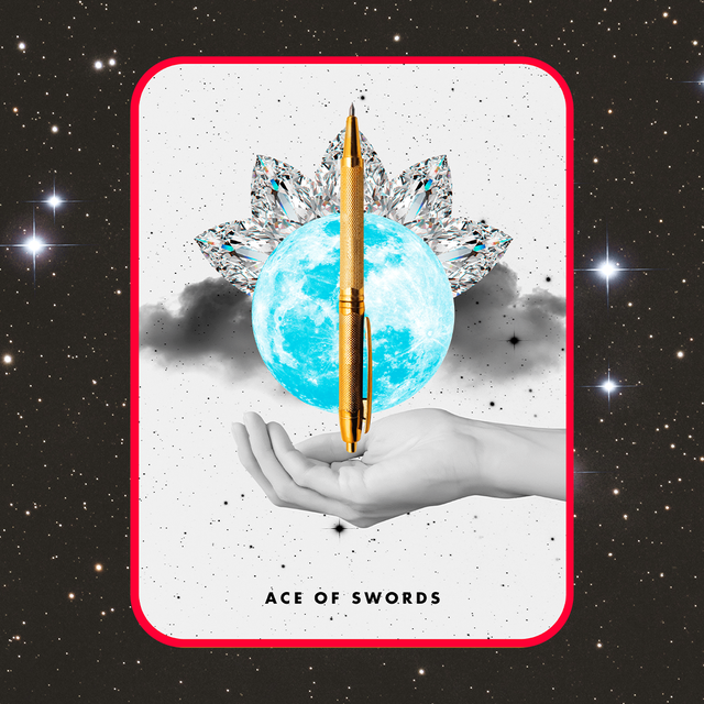 the ace of swords tarot card, showing a hand holding up a golden pen