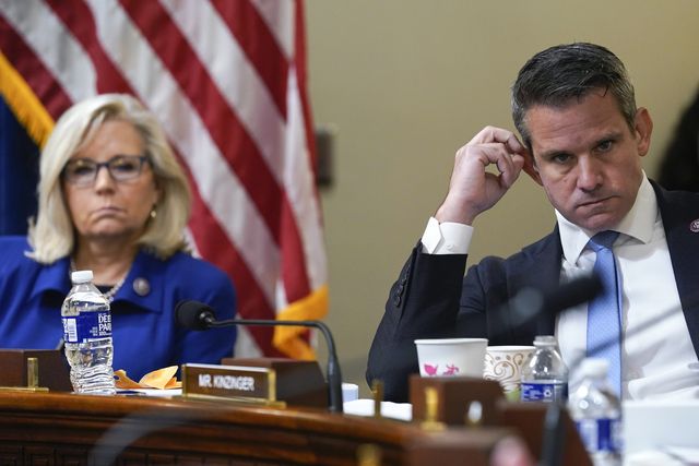 rep liz cheney, r wyo, and rep adam kinzinger, r ill, listen as rep elaine luria, d va, speaks during the house select committee hearing on the jan 6 attack on capitol hill in washington, tuesday, july 27, 2021 ap photo andrew harnik, pool
