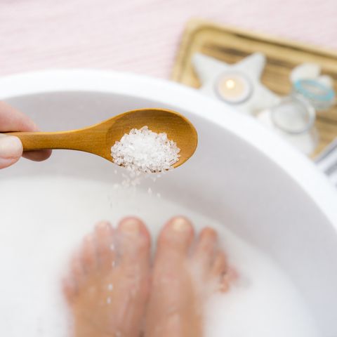 adding magnesium chloride vitamin salt in foot bath water, solution magnesium grains in foot bath water are ideal for replenishing the body with this essential mineral, promoting overall wellbeing