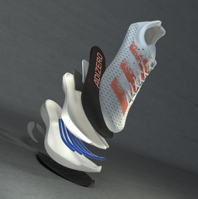 una imagen que deconstruye por dentro las zapatillas de running adidas adizero adios pro
