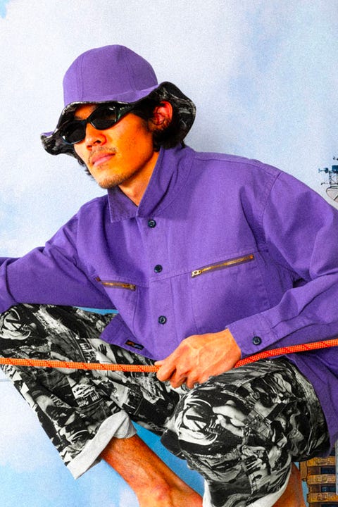 man wearing adsum x gramicci rock climbing gear