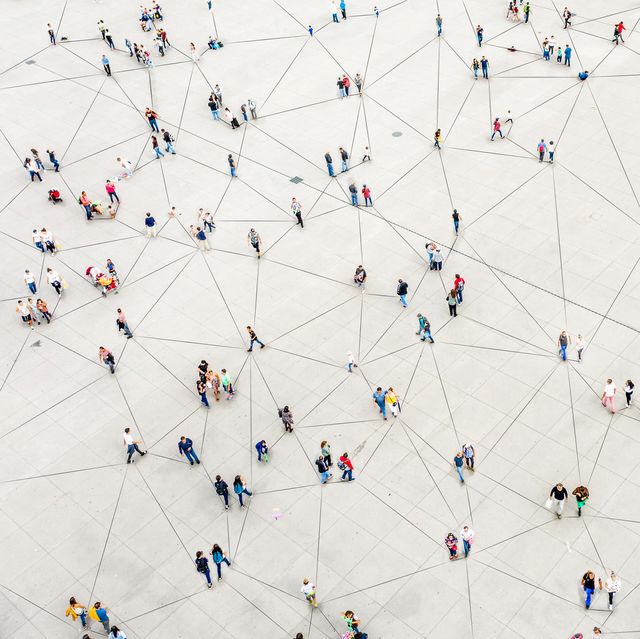 aerial view of crowd connected by lines