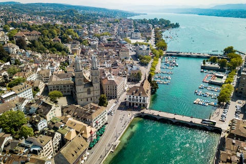 Aerial view of Grossmünster cathedral in Zürich, Switzerland aerial view of grossmünster cathedral in zürich, switzerland