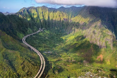 h 3 interstate highway aerial view , oahu