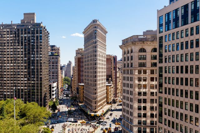 aerial view of new york skyline on a sunny day with flatiron building, new york, usa