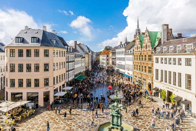 aerial view of shopping street and main city square in copenhagen old town, denmark
