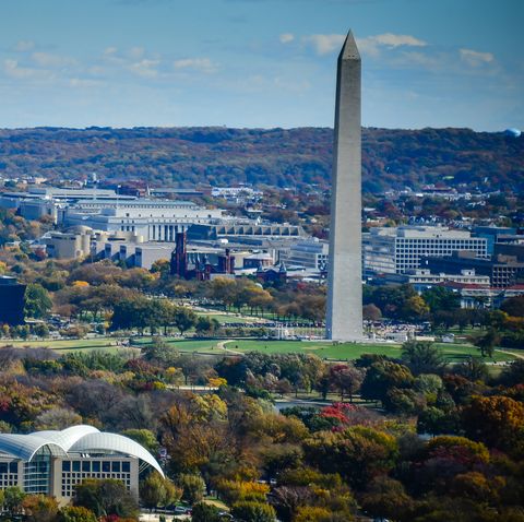 aerial view of washington dc with the us capitol building and washington monument along the national mall in late autumn