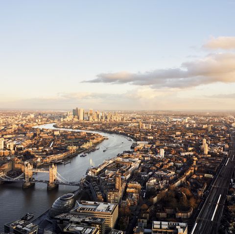 Aerial view over London skyline with River Thames and Tower Bridge