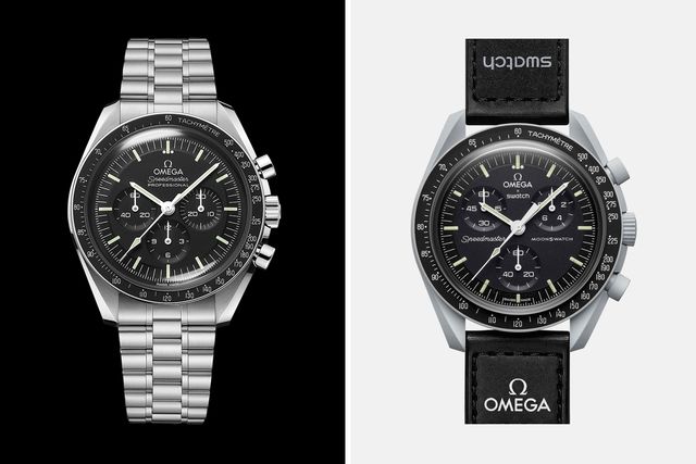 omega speedmaster watch next to the swatch x omega moonswatch