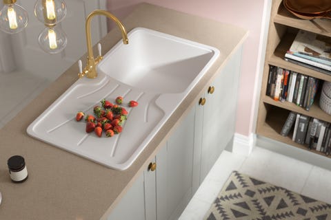 shaker fossil grey this hardwearing kitchen features luxury laminate worktops in dreamy galaxy dove combined with a smooth composite sink and a feature gold swan neck tap