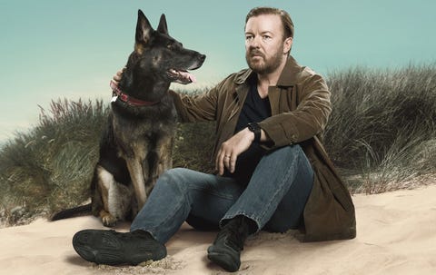 un hombre sentado en la playa con su perro en la serie after life