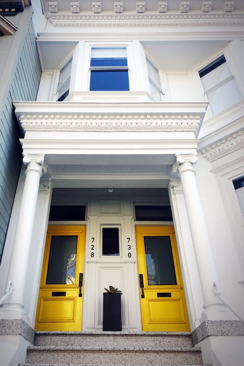 Architecture, Blue, Yellow, Building, House, Door, Facade, Home, Symmetry, Classical architecture, 